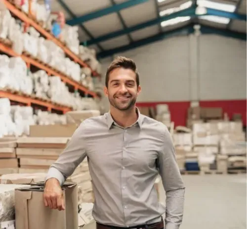 Man in grijs overhemd poseert lachend in een magazijn vol met opgestapelde dozen en rollen verpakkingsmateriaal.