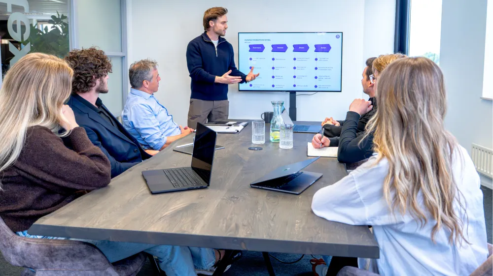 Man geeft een presentatie over marketingstrategieën aan een groep collega’s in een vergaderruimte, met een scherm waarop een funneldiagram zichtbaar is.