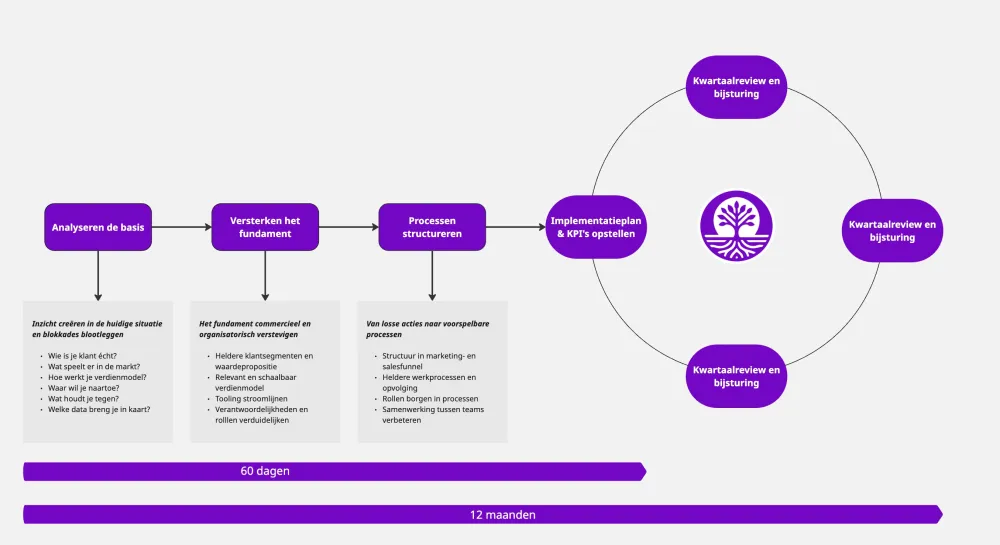 Visueel schema van een groeitraject in vier stappen: ‘Reinforcing your Roots’, ‘Structuring your Processes’, ‘Draw up implementation plan & KPIs’ en ‘Quarterly reviews and adjustments’, met tijdslijn van 60 dagen tot 12 maanden.